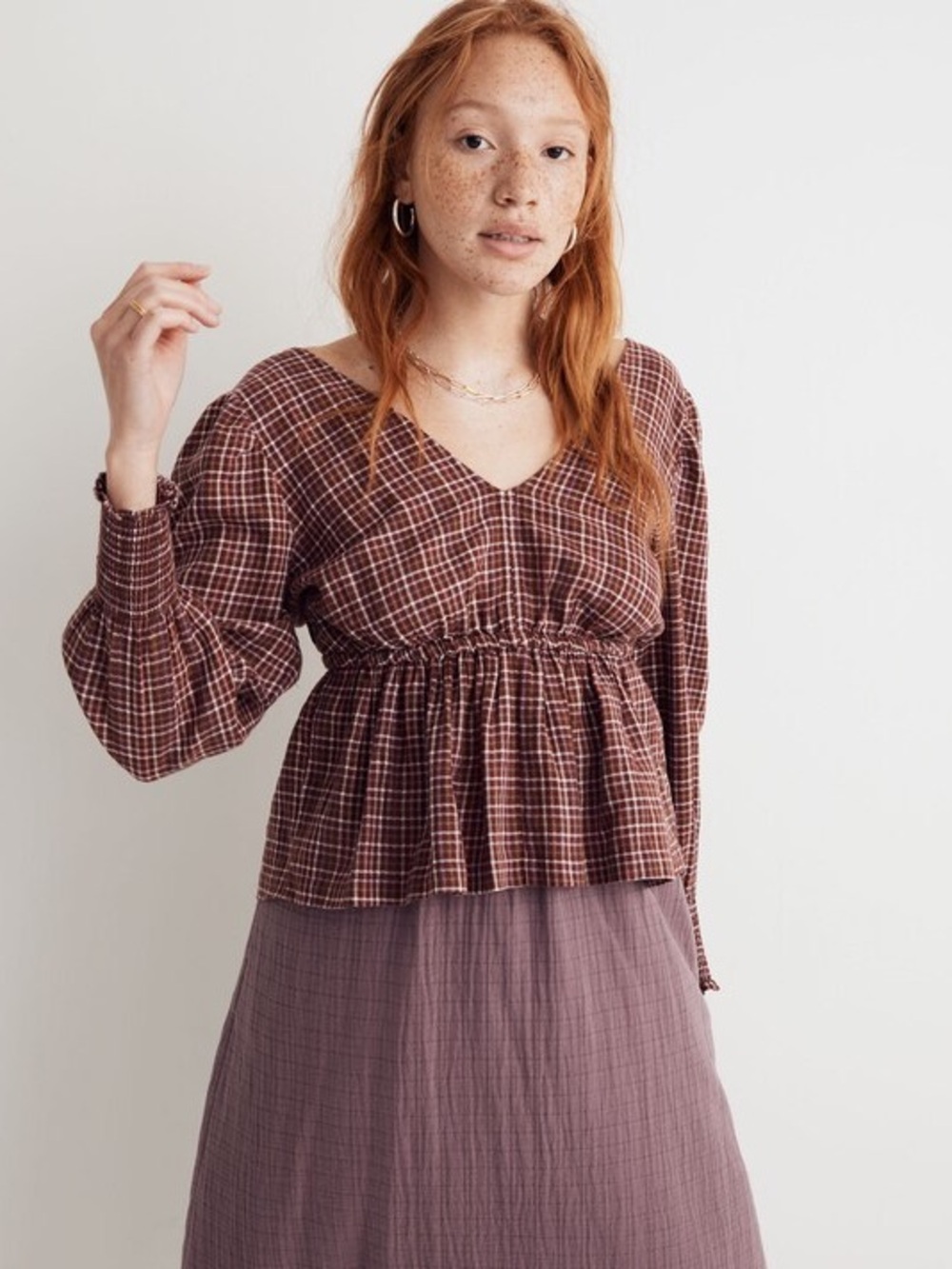 Madewell Tie Back Women’s Plaid V-Neck Long Sleeve Peplum Blouse Medium